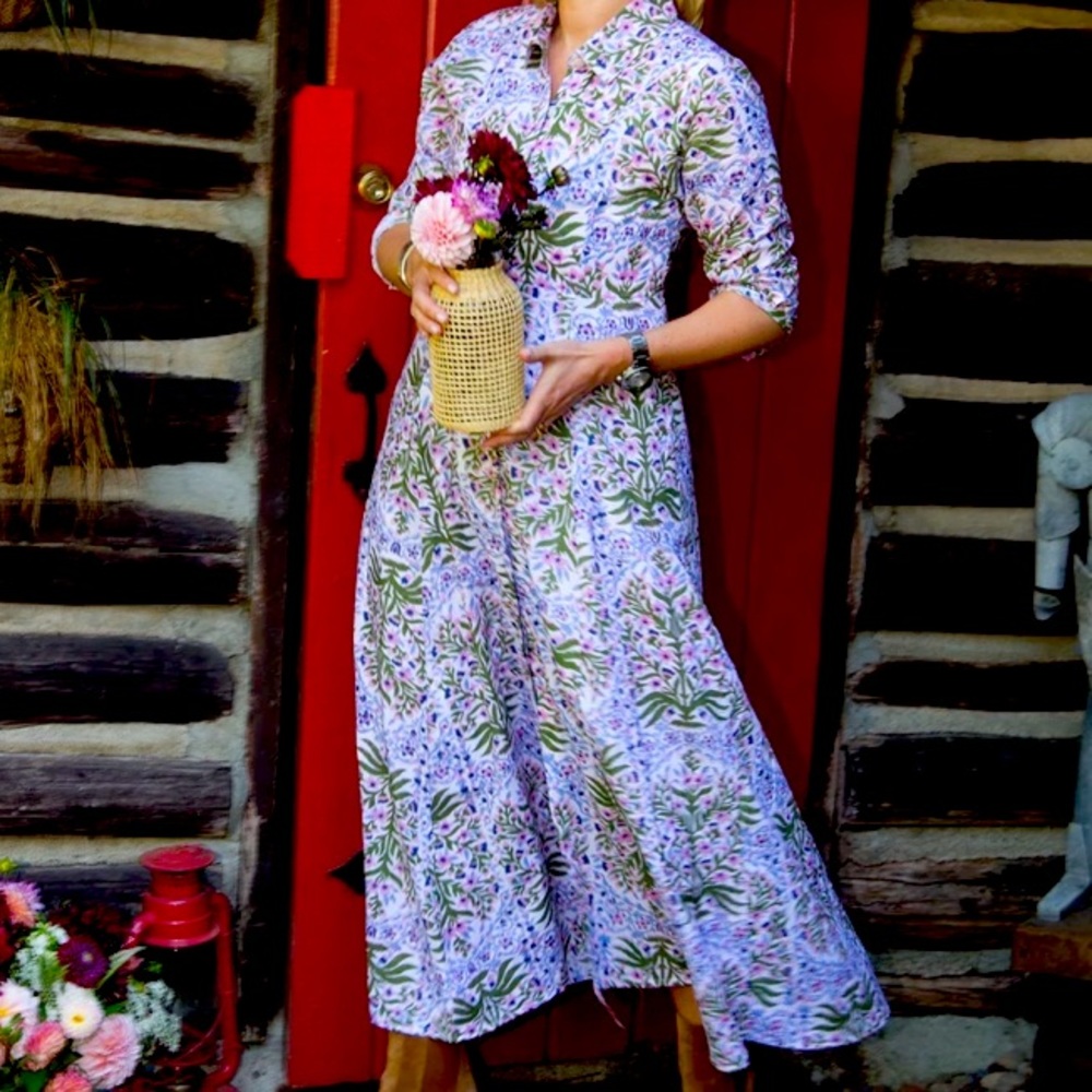 Shirt dress,fully lined,pockets,empire waist with A-line cut ankle length skirt